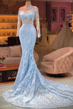 BMbride Elegant Long Blue Mermaid Long Sleeves Lace Prom Dress With Train BMbride