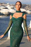 BMbride Elegant Long Dark Green Beading Off-the-shoulder Prom Dress With Sleeves BMbride