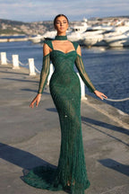 BMbride Elegant Long Dark Green Beading Off-the-shoulder Prom Dress With Sleeves BMbride