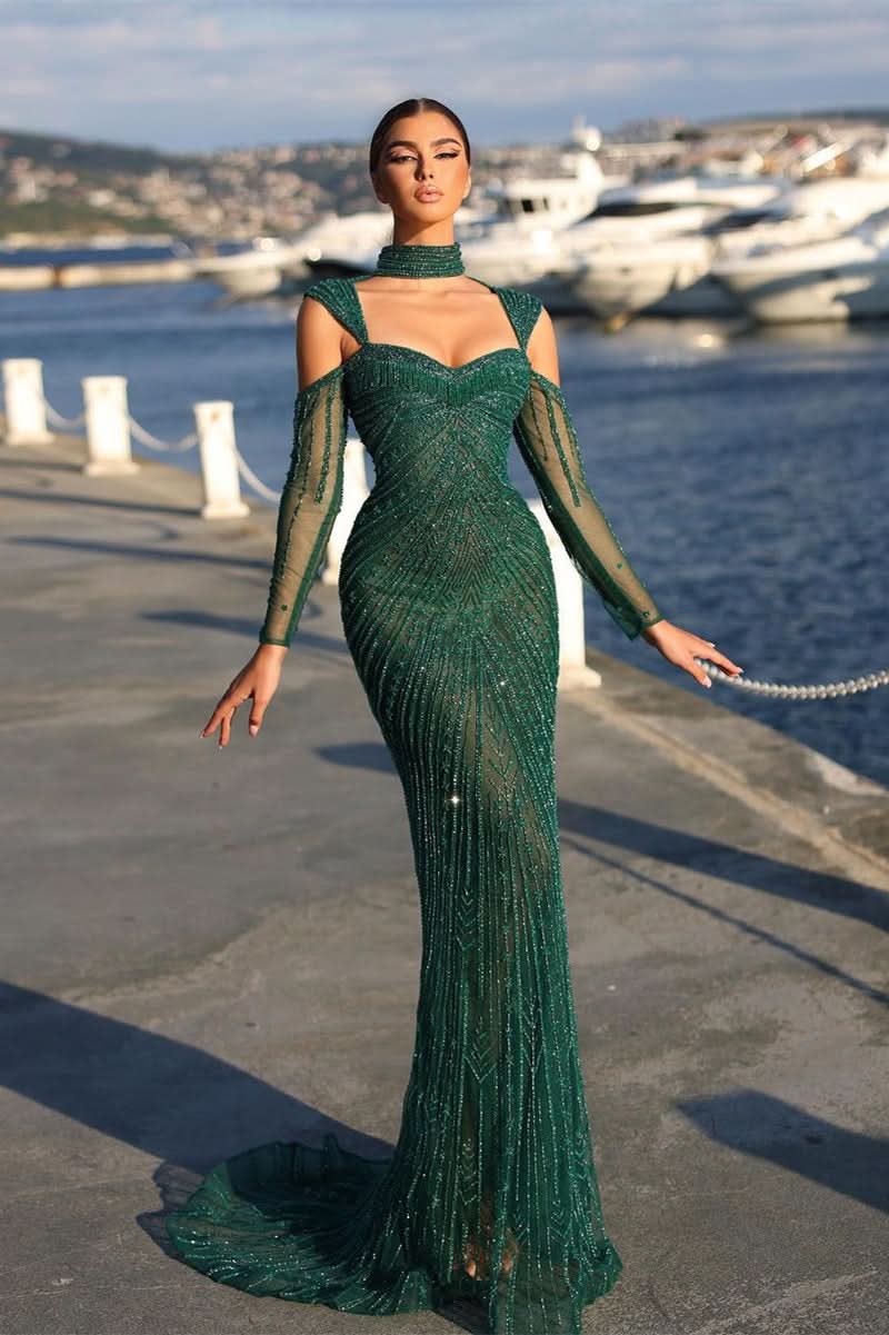 BMbride Elegant Long Dark Green Beading Off-the-shoulder Prom Dress With Sleeves BMbride