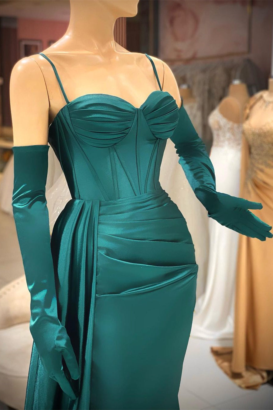 BMbride Elegant Long Dark Green Spaghetti Straps Prom Dress With Ruffles BMbride