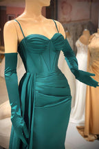 BMbride Elegant Long Dark Green Spaghetti Straps Prom Dress With Ruffles BMbride