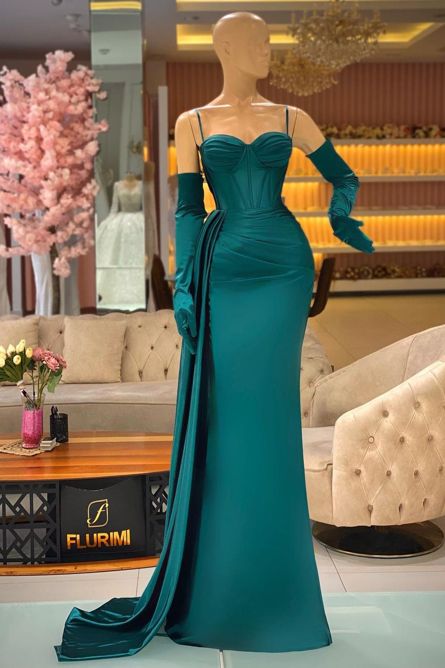 BMbride Elegant Long Dark Green Spaghetti Straps Prom Dress With Ruffles BMbride