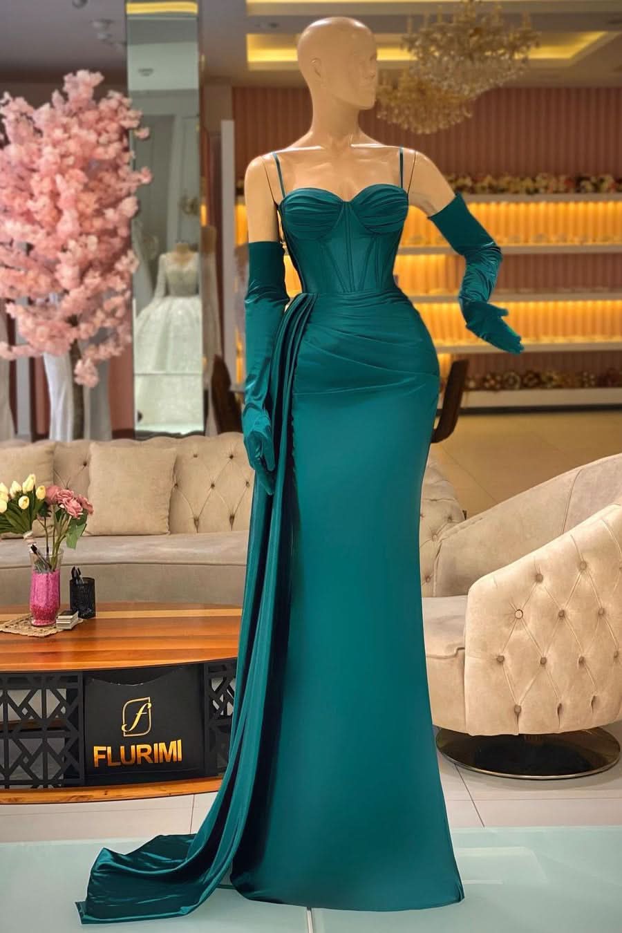 BMbride Elegant Long Dark Green Spaghetti Straps Prom Dress With Ruffles BMbride