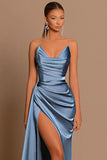 BMbride Elegant Long Dusty Blue Mermaid Sleeveless Prom Dress With Slit BMbride