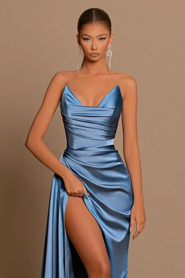 BMbride Elegant Long Dusty Blue Mermaid Sleeveless Prom Dress With Slit BMbride