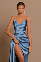 BMbride Elegant Long Dusty Blue Mermaid Sleeveless Prom Dress With Slit BMbride
