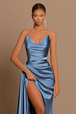 BMbride Elegant Long Dusty Blue Mermaid Sleeveless Prom Dress With Slit BMbride