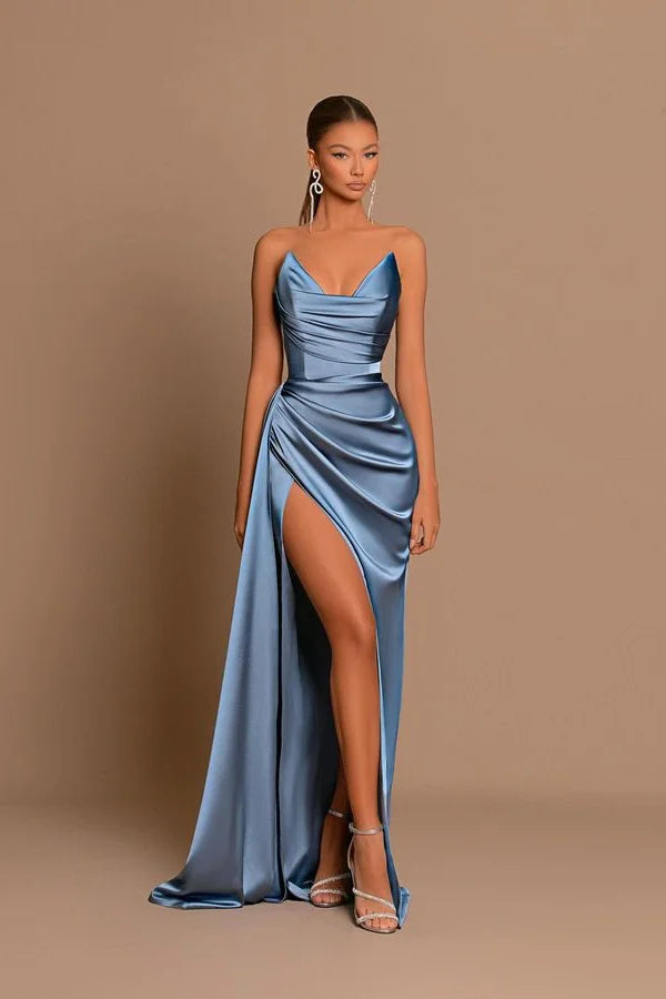 BMbride Elegant Long Dusty Blue Mermaid Sleeveless Prom Dress With Slit BMbride