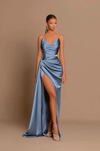 BMbride Elegant Long Dusty Blue Mermaid Sleeveless Prom Dress With Slit BMbride
