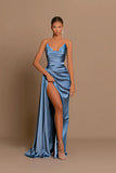BMbride Elegant Long Dusty Blue Mermaid Sleeveless Prom Dress With Slit BMbride
