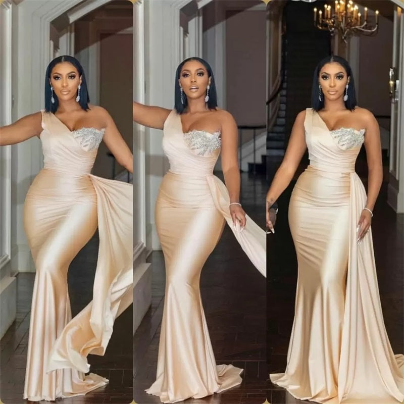 BMbride Elegant Long Mermaid One Shoulder Sequined Prom Dress With Ruffles BMbride