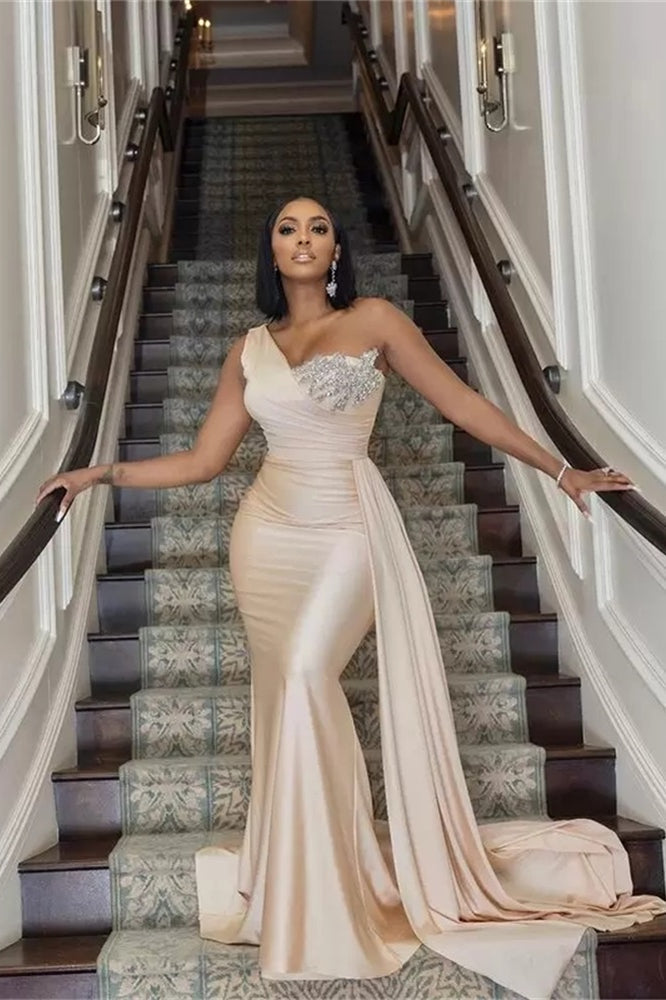BMbride Elegant Long Mermaid One Shoulder Sequined Prom Dress With Ruffles BMbride