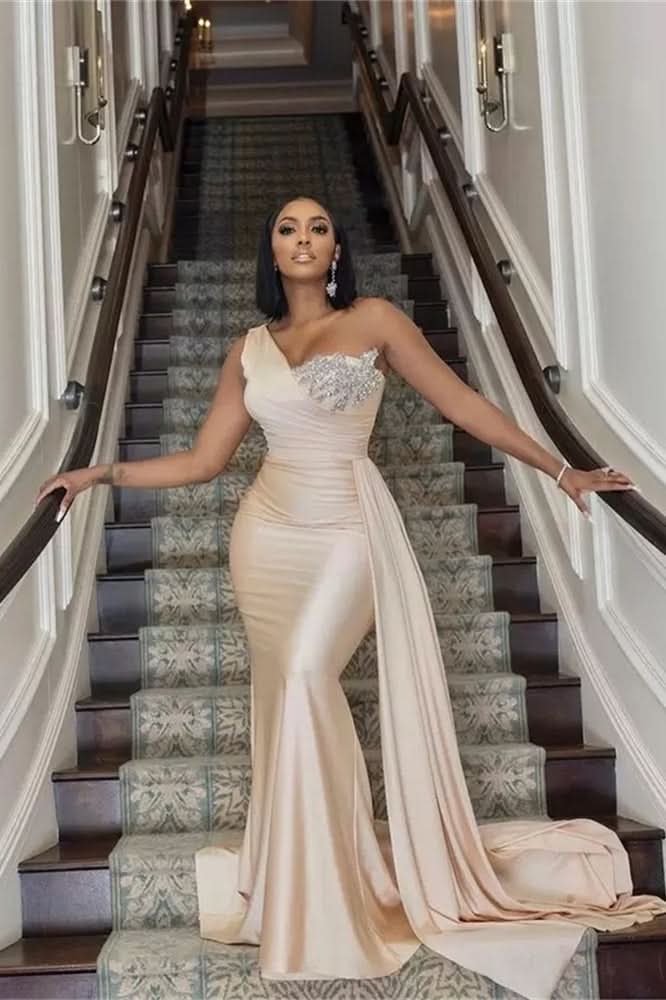 BMbride Elegant Long Mermaid One Shoulder Sequined Prom Dress With Ruffles BMbride
