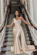 BMbride Elegant Long Mermaid One Shoulder Sequined Prom Dress With Ruffles BMbride