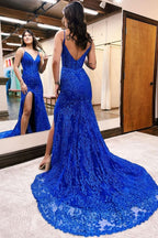 BMbride Elegant Long Mermaid Royal Blue V-neck Sleeveless Lace Prom Dress With Slit BMbride