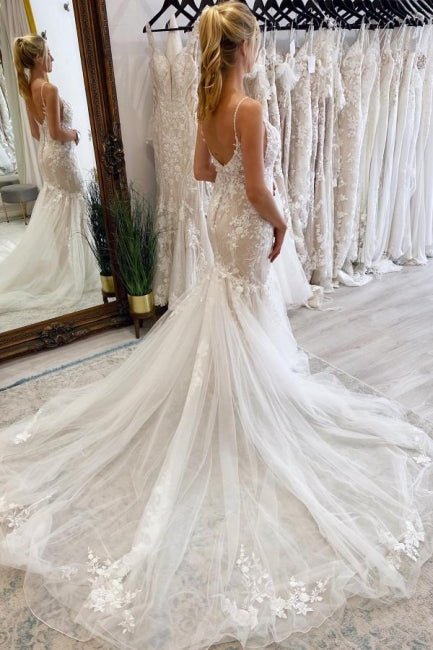 BMbride Elegant Long Mermaid V-neck Sleeveless Wedding Dresses With Lace BMbride