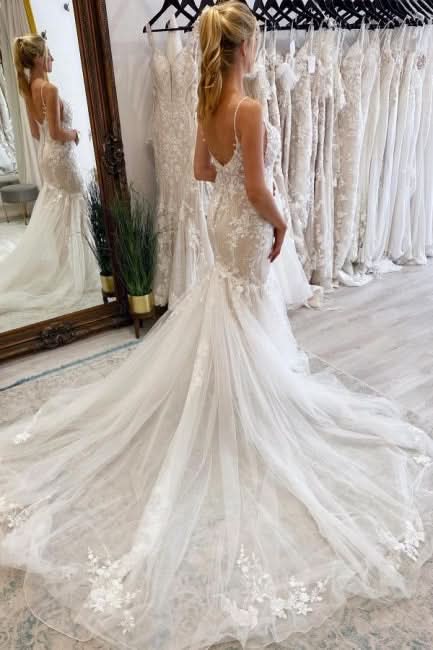 BMbride Elegant Long Mermaid V-neck Sleeveless Wedding Dresses With Lace BMbride