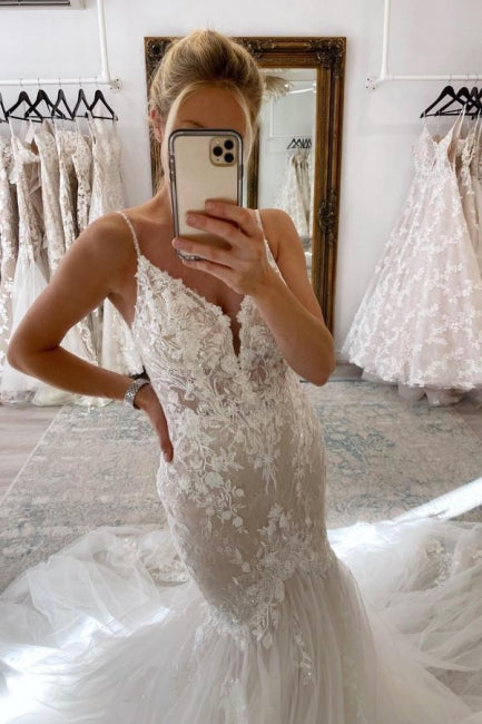 BMbride Elegant Long Mermaid V-neck Sleeveless Wedding Dresses With Lace BMbride
