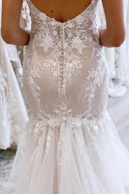 BMbride Elegant Long Mermaid V-neck Sleeveless Wedding Dresses With Lace BMbride