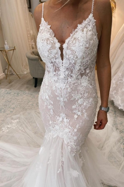 BMbride Elegant Long Mermaid V-neck Sleeveless Wedding Dresses With Lace BMbride