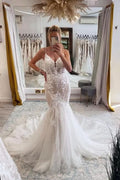 BMbride Elegant Long Mermaid V-neck Sleeveless Wedding Dresses With Lace BMbride