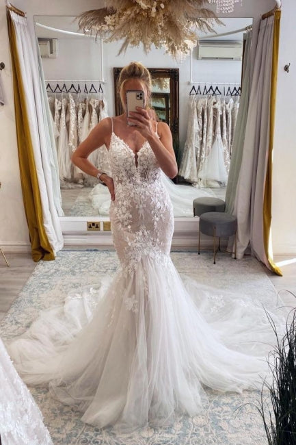 BMbride Elegant Long Mermaid V-neck Sleeveless Wedding Dresses With Lace BMbride