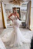 BMbride Elegant Long Mermaid V-neck Sleeveless Wedding Dresses With Lace BMbride
