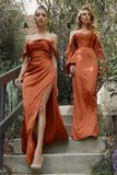 Elegant Long Off-the-shoulder Satin Split Simple Bridesmaid Dress for a Graceful Look BM bride