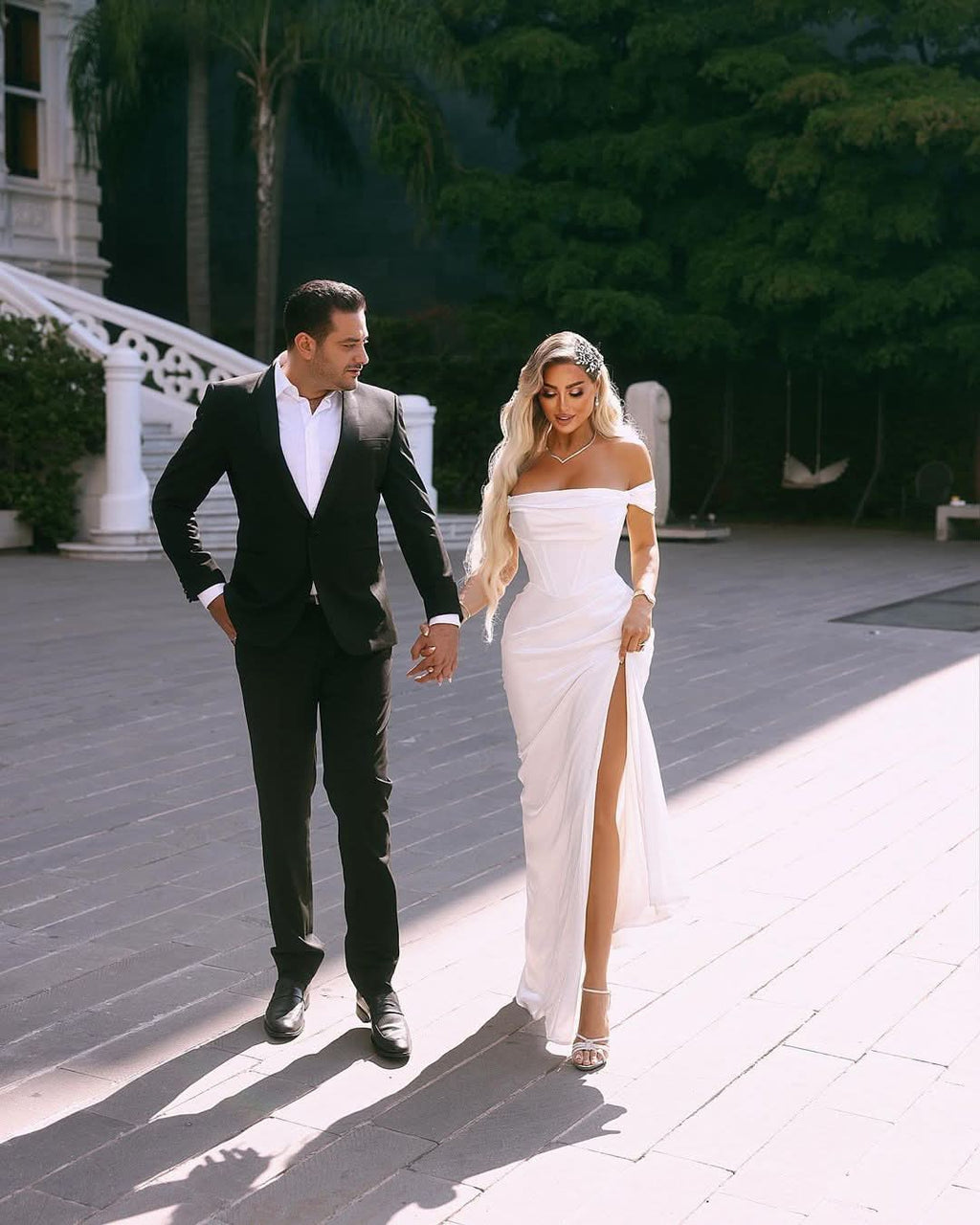 BMbride Elegant Long Off-the-shoulder Satin Wedding Dress With Slit BMbride