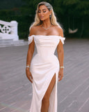 BMbride Elegant Long Off-the-shoulder Satin Wedding Dress With Slit BMbride