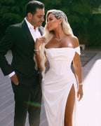 BMbride Elegant Long Off-the-shoulder Satin Wedding Dress With Slit BMbride