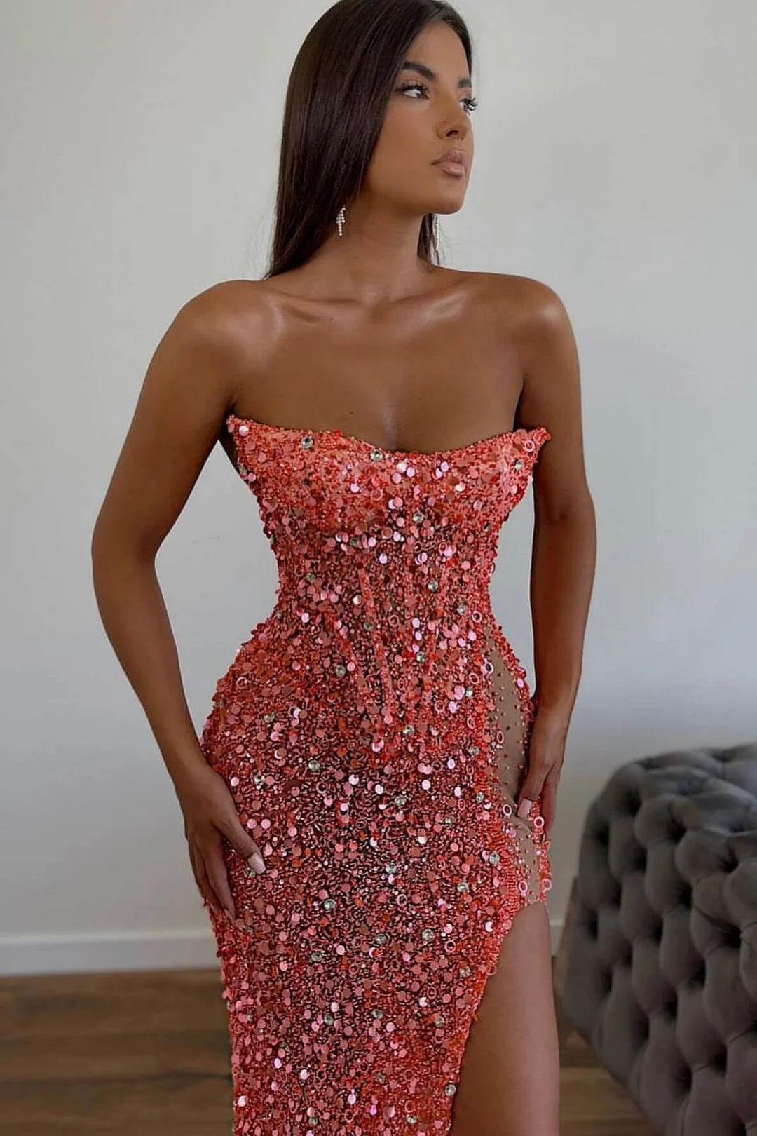 BMbride Elegant Long Pink Sexy Strapless Sleeveless Mermaid Prom dresses With Rhinestone BMbride