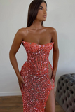 BMbride Elegant Long Pink Sexy Strapless Sleeveless Mermaid Prom dresses With Rhinestone BMbride