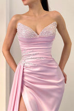 BMbride Elegant Long Pink Sleeveless Front Split Satin Prom Dress With Beading BMbride