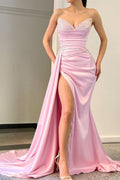 BMbride Elegant Long Pink Sleeveless Front Split Satin Prom Dress With Beading BMbride