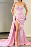 BMbride Elegant Long Pink Sleeveless Front Split Satin Prom Dress With Beading BMbride