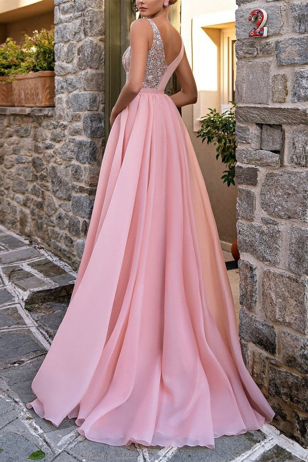 BMbride Elegant Long Pink V-Neck A-line Glitter Sleeveless Evening Dresses With Slit BMbride