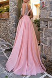 BMbride Elegant Long Pink V-Neck A-line Glitter Sleeveless Evening Dresses With Slit BMbride