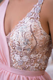 BMbride Elegant Long Pink V-Neck A-line Glitter Sleeveless Evening Dresses With Slit BMbride