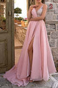 BMbride Elegant Long Pink V-Neck A-line Glitter Sleeveless Evening Dresses With Slit BMbride