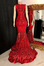 BMbride Elegant Long Red Mermaid Sleeveless Prom Dress With Lace BMbride