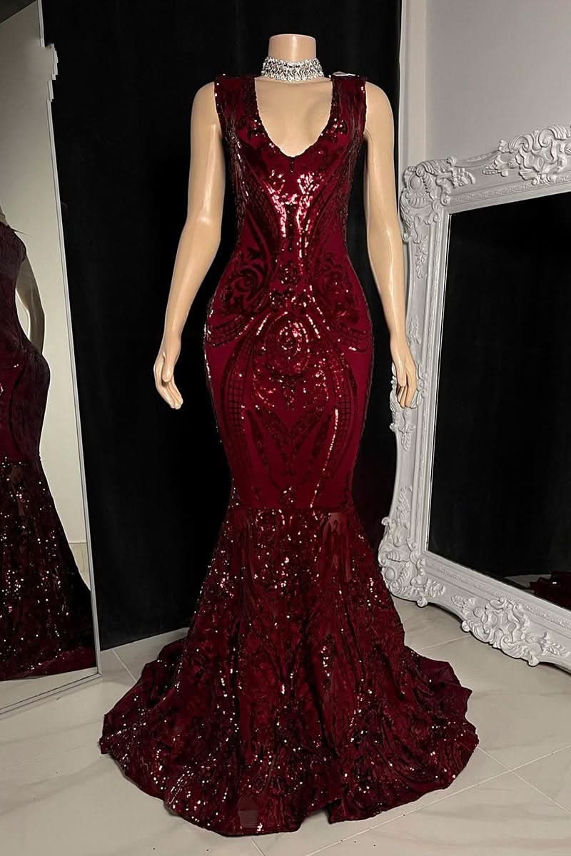 BMbride Elegant Long Red Mermaid Sleeveless Prom Dress With Lace BMbride