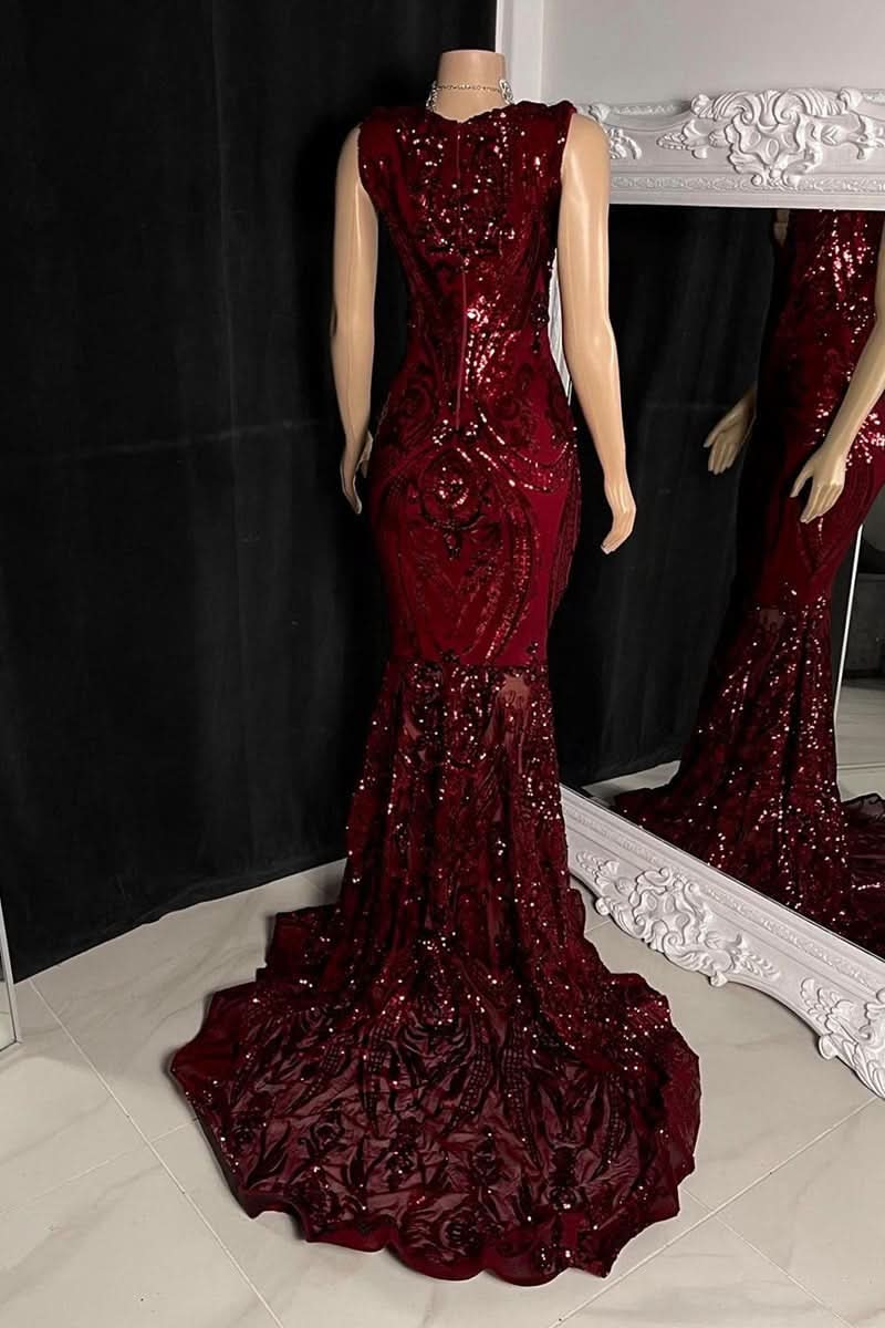 BMbride Elegant Long Red Mermaid Sleeveless Prom Dress With Lace BMbride