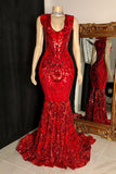 BMbride Elegant Long Red Mermaid Sleeveless Prom Dress With Lace BMbride