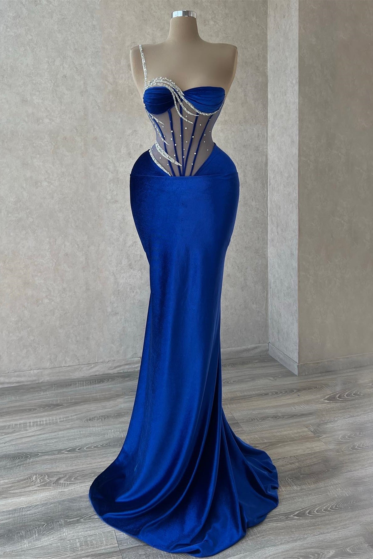 BMbride Elegant Long Royal Blue One Shoulder Mermaid Sequined Beading Prom Dress With Lace BMbride