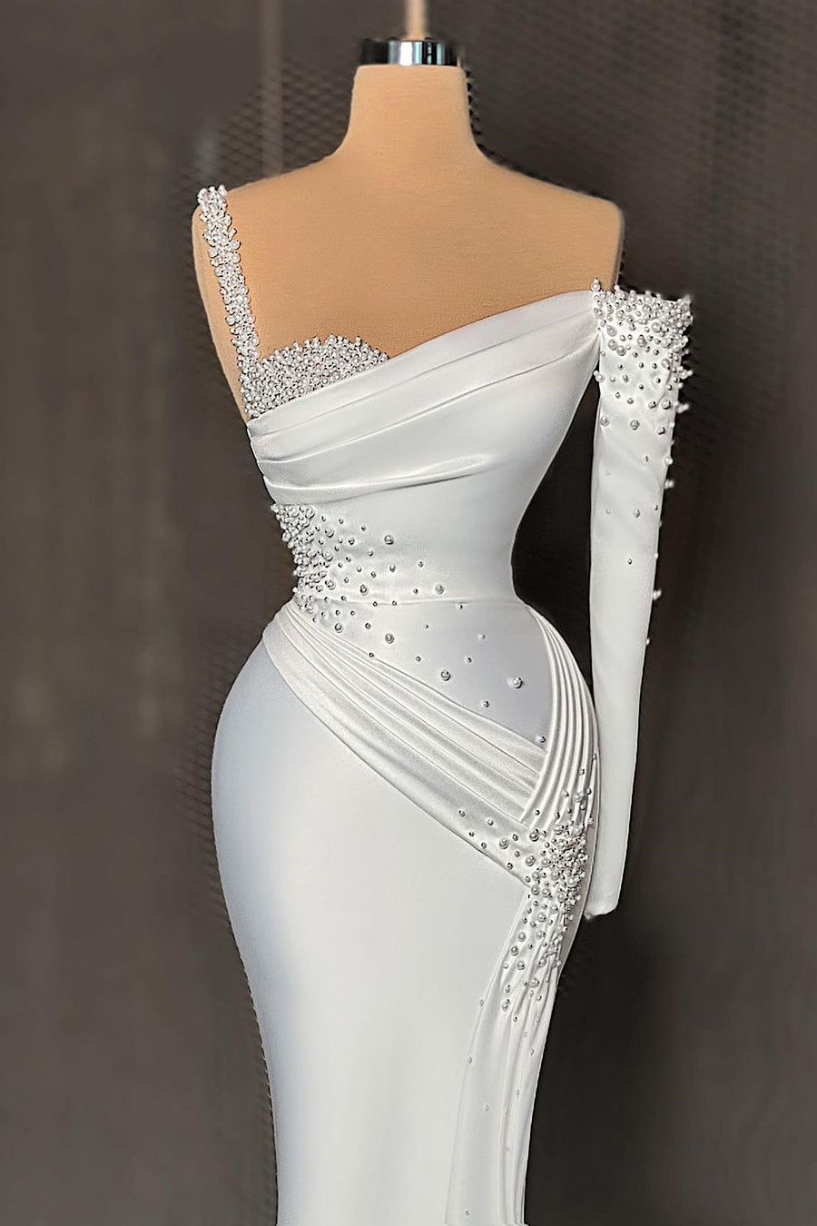 BMbride Elegant Long Satin One-Shoulder Mermaid Prom Dress With Beading BMbride