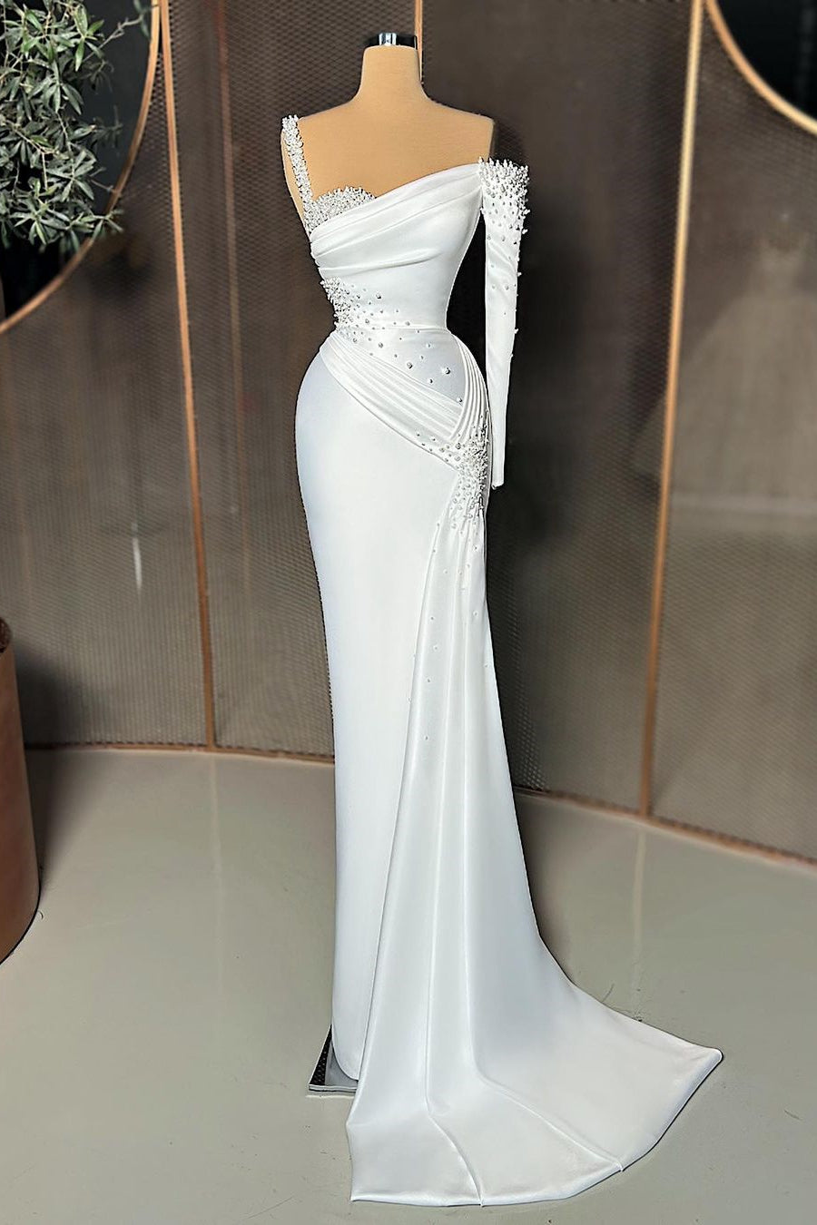 BMbride Elegant Long Satin One-Shoulder Mermaid Prom Dress With Beading BMbride