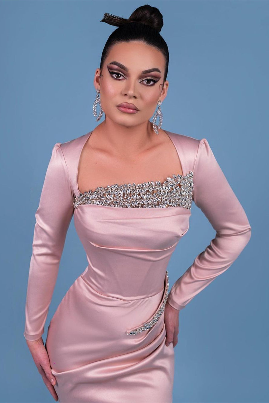 BMbride Elegant Long Satin Sleeve Pink Prom Dresses With Rhinestone BMbride