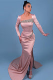 BMbride Elegant Long Satin Sleeve Pink Prom Dresses With Rhinestone BMbride